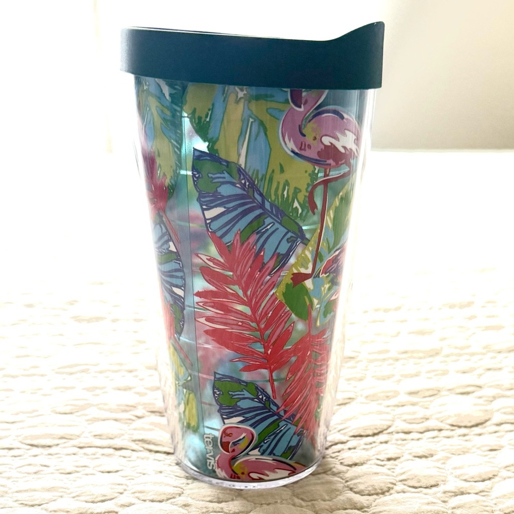 Trevis acrylic tumbler & lid with pink, teal and green floral design.